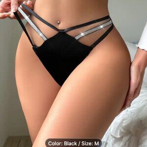 Women's Medium (6) Black and Silver Glittery Shimmer Strappy Thong Panties